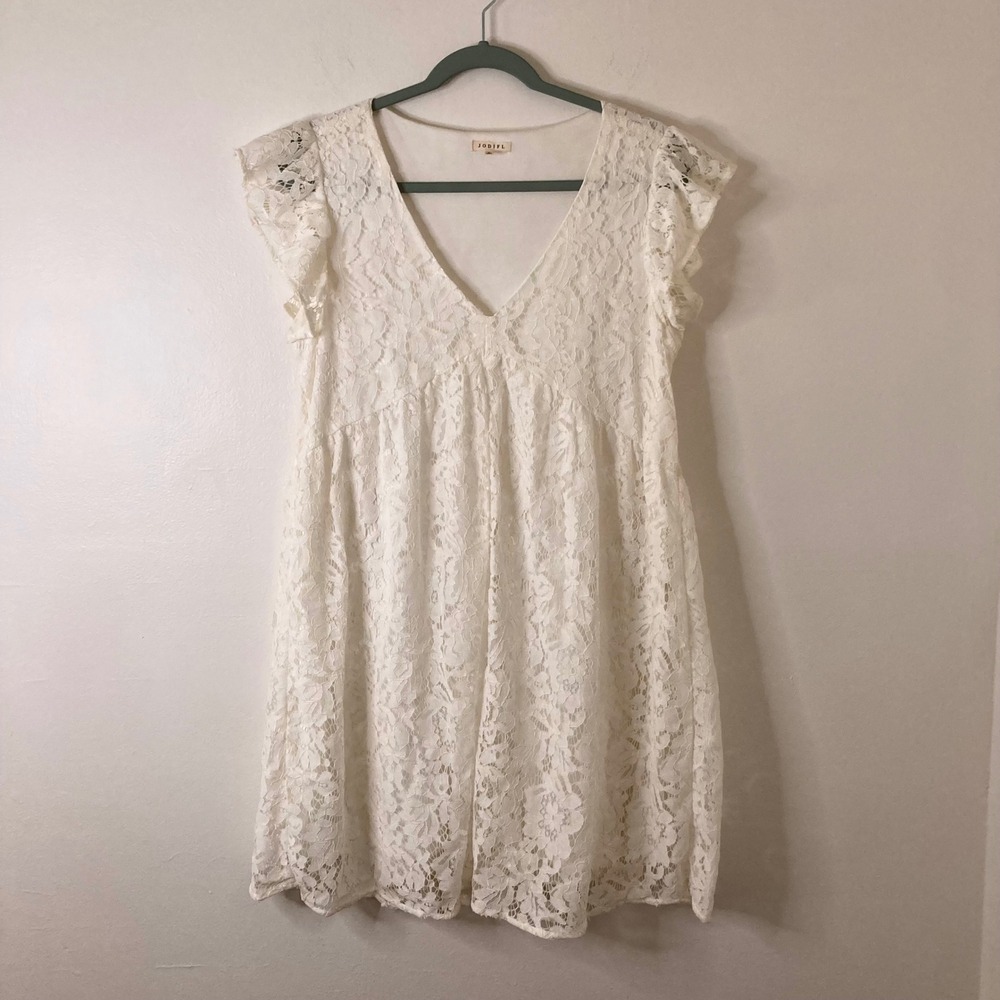 Coquette White Floral Lace V-Neck Babydoll Dress Boho Flutter Sleeve JODIFL M